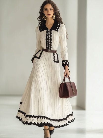 Robe Maxi Tricotée Rétro Colorblock à Manches Longues - Expédition Rapide en 24 Heures!
