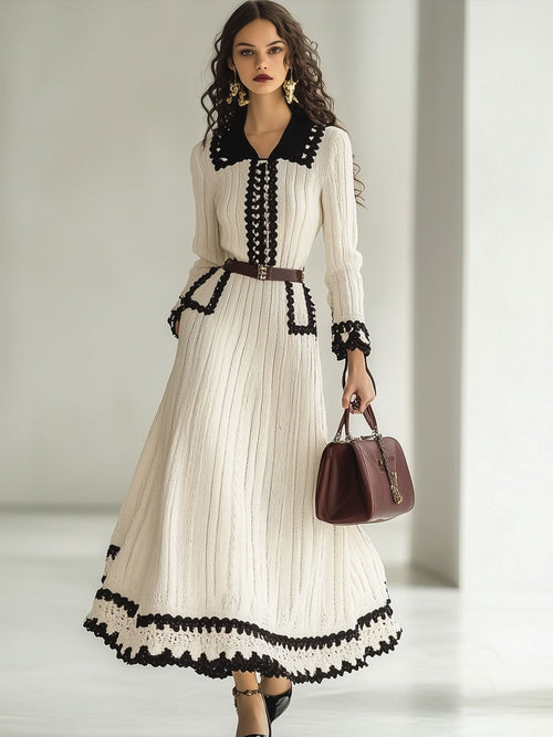 Robe Maxi Tricotée Rétro Colorblock à Manches Longues - Expédition Rapide en 24 Heures!