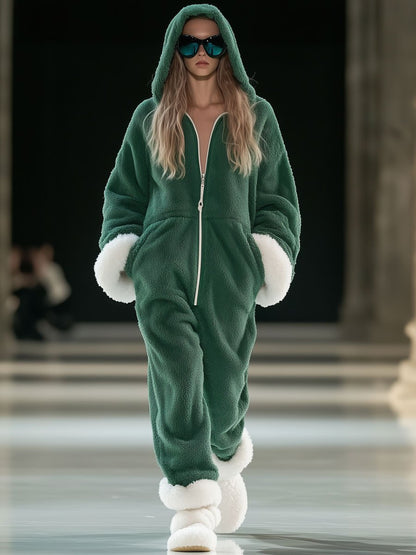 【Expédition Rapide en 24h】Sweat à Capuche Zippé en Polaire Verte et Blanche - Style Décontracté