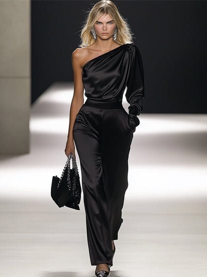 【Expédition en 24 heures】Chic Combinaison Satinée Off-Shoulder à Manches Longues