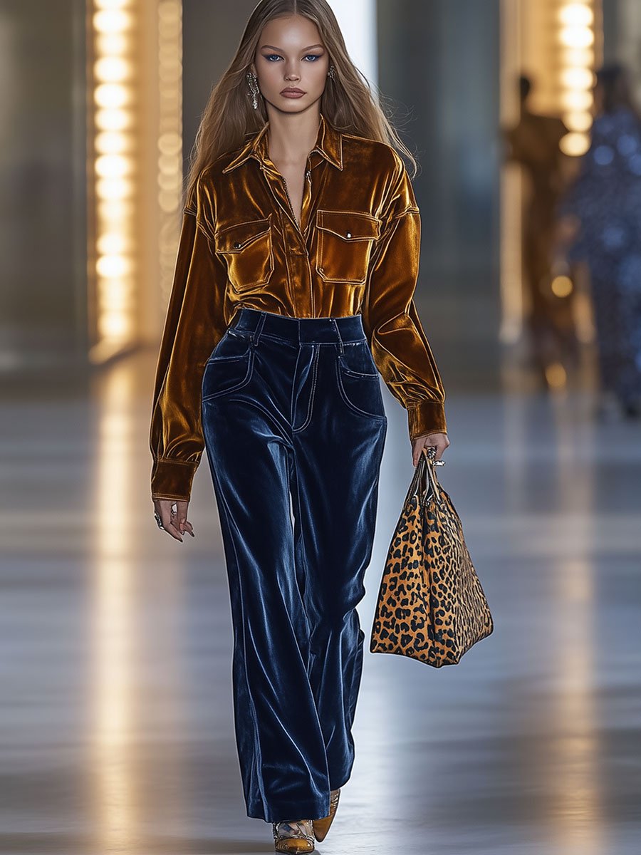 Blouse Rétro Ample en Velours Uni avec Poches – Livraison en 24 Heures