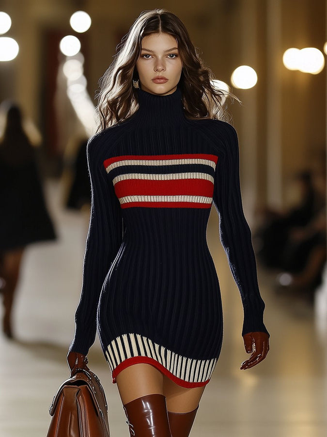 Robe Rétro Française Élégante à Col Haut : Rayures Rouge et Blanc - Expédition en 24 Heures !