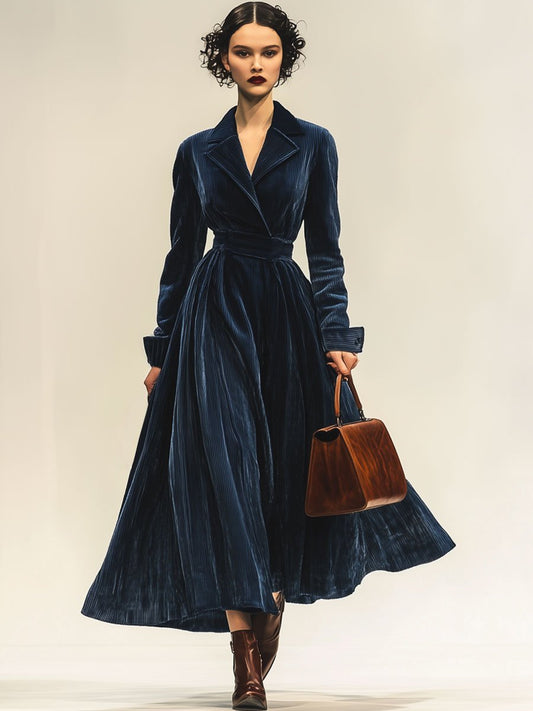 Robe Maxi Vintage en Velours Côtelé – Élégance Décontractée avec Col Revers et Manches Longues, Expédition en 24 Heures