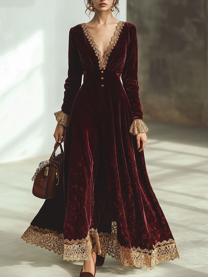 Robe Maxi en Velours Rouge Ankola : Élégance et Dentelle avec Col V et Manches Longues - Expédition Rapide en 24 Heures