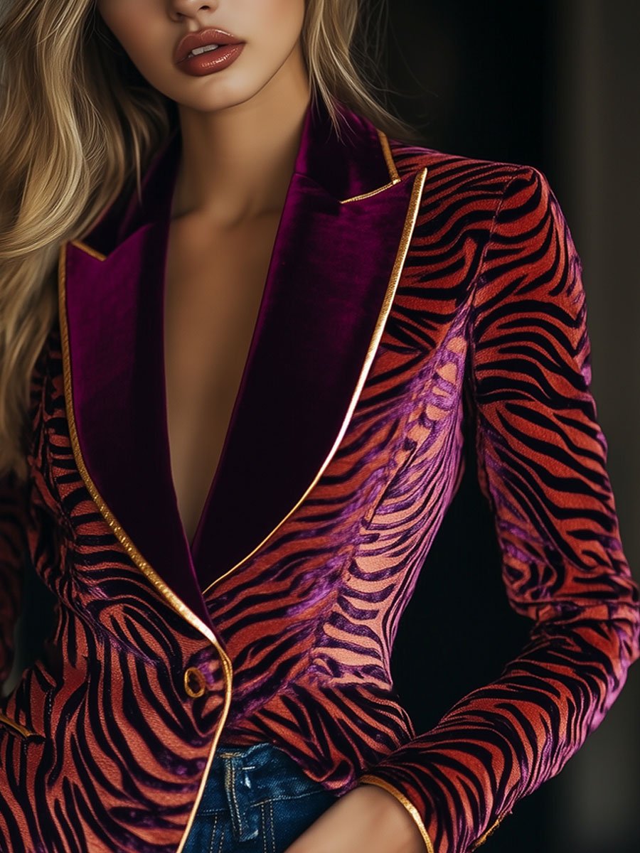 Blazer Vintage Décontracté en Velours à Motif Zèbre et Rayures Dorées