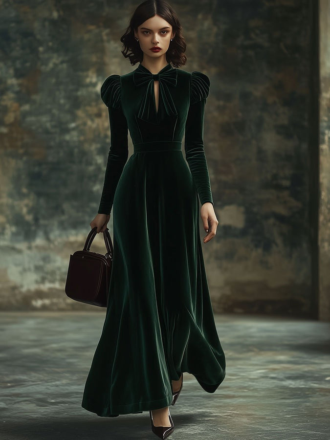 Robe Maxi en Velours Épuré avec Col Montant et Nœud – Manches Longues, Prête à Expédier en 24 Heures pour vos Événements Festifs