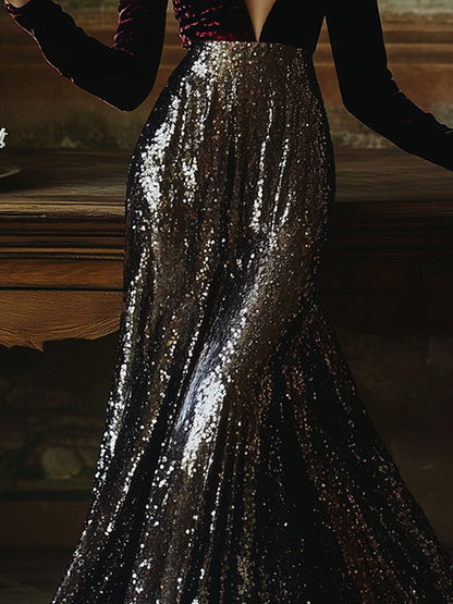 Robe Maxi Élégante en Velours à Sequins - Col V, Expédition Rapide sous 24 Heures