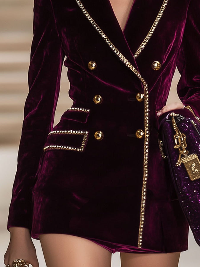 Robe Mini Vintage en Velours Bourgogne avec Détails Dorés - Expédition Rapide en 24 Heures