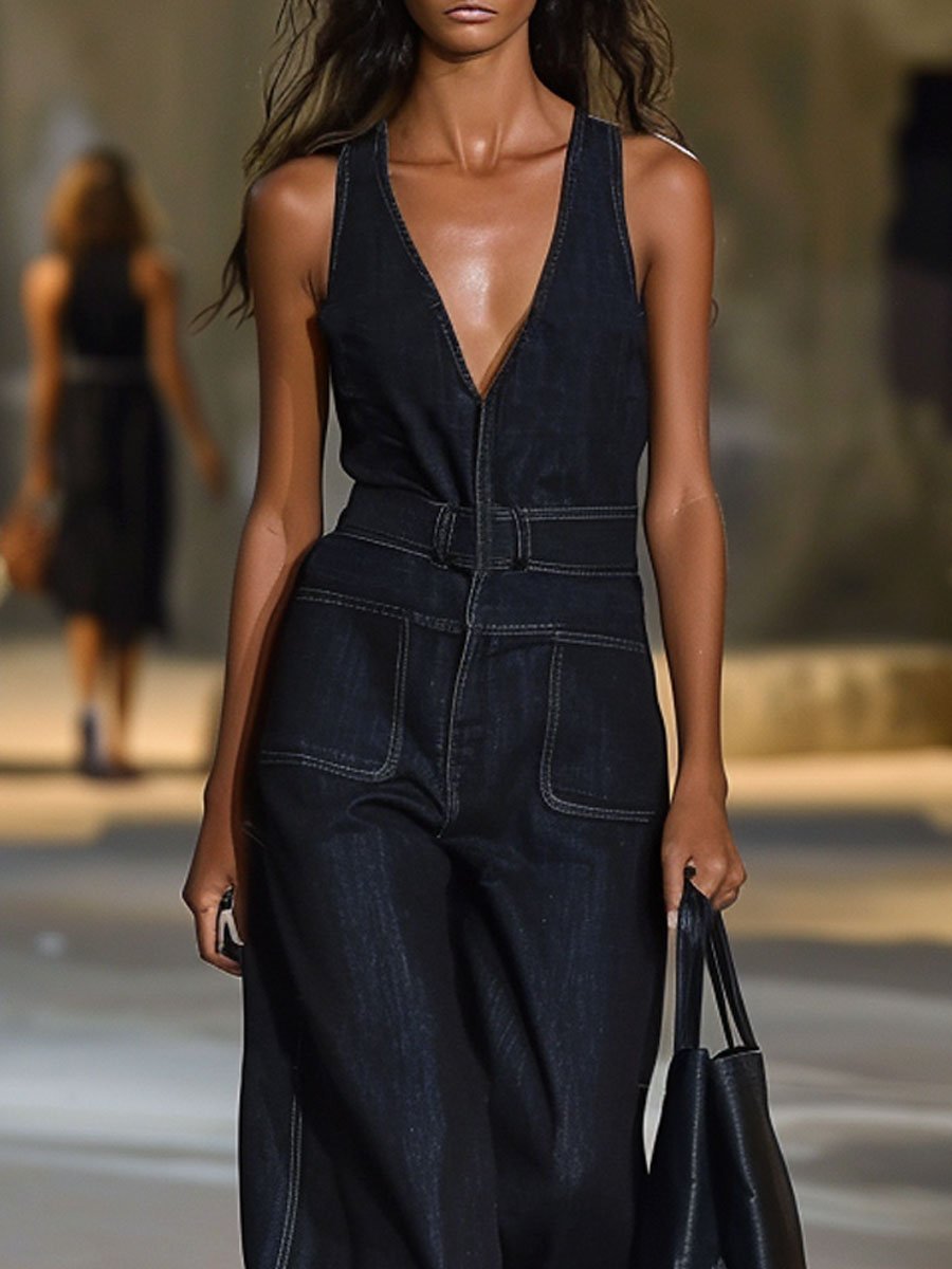 Salopette en Jean Détendue Sans Manches à Col V Rétro - Expédition Rapide en 24 Heures!