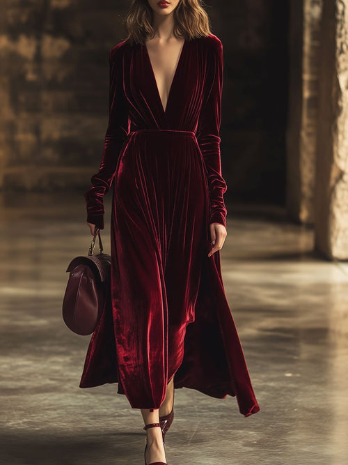 Robe Midi Longue en Velours Uni à Col V - Style Rétro, Expédition Rapide sous 24 Heures !
