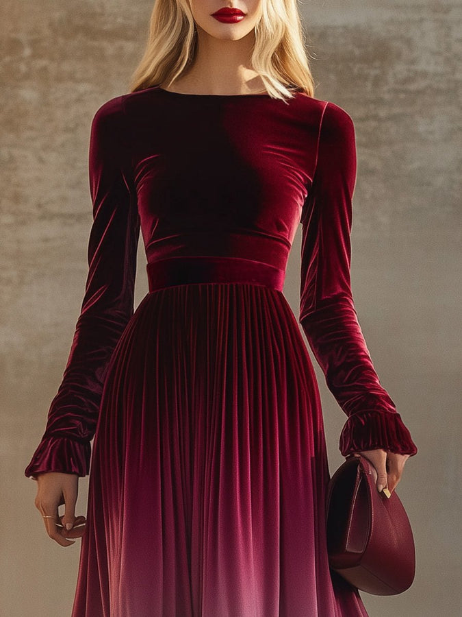 Robe Maxi en Velours Dégradé Bourgogne - Col Droit et Manches Trompette, Expédition en 24 Heures