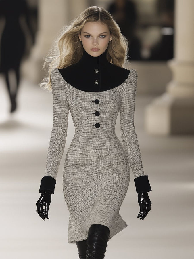 Robe Midi Élégante en Tweed Velours : Style Rétro avec Col Montant - Expédition en 24 Heures !
