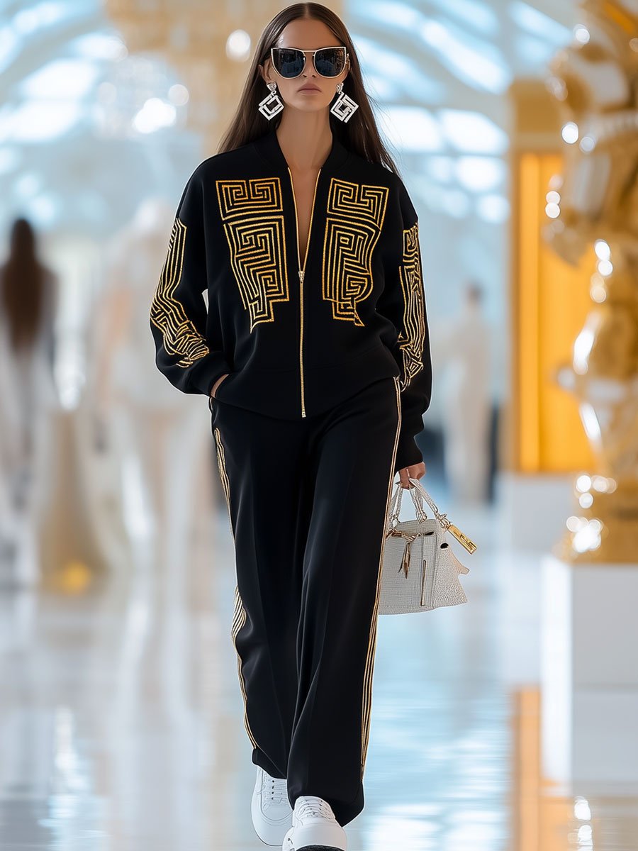 Ensemble de Sport Décontracté Rétro Grec - Impression Géométrique et Fermeture Éclair, Expédition en 24 Heures