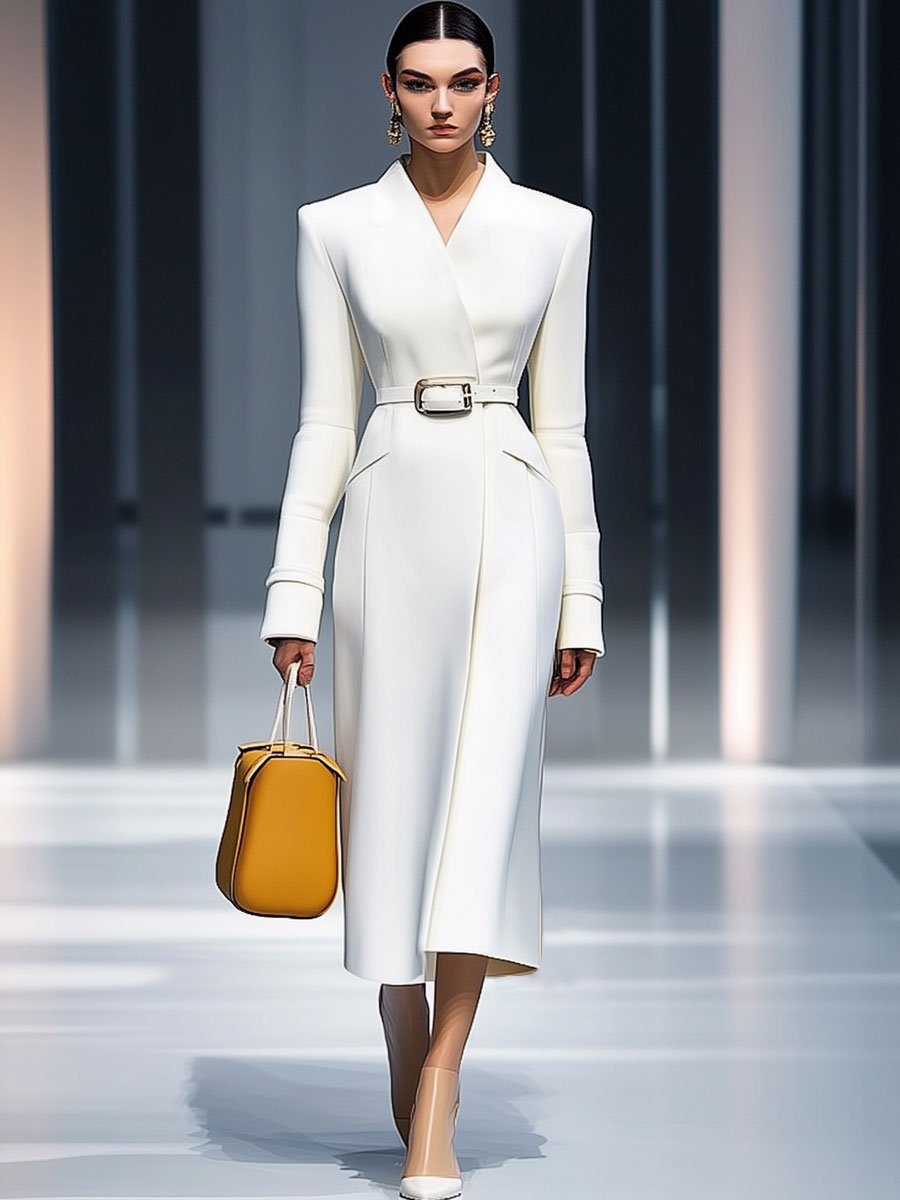 Robe Midi Décontractée Rétro Blanche à Manches Longues avec Détails en Lacets - Expédition en 24 Heures