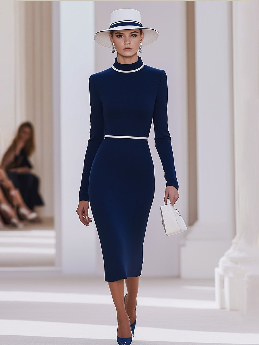 Robe Midi Élégante Blanche à Col Haut Contrasté - Livraison en 24 Heures