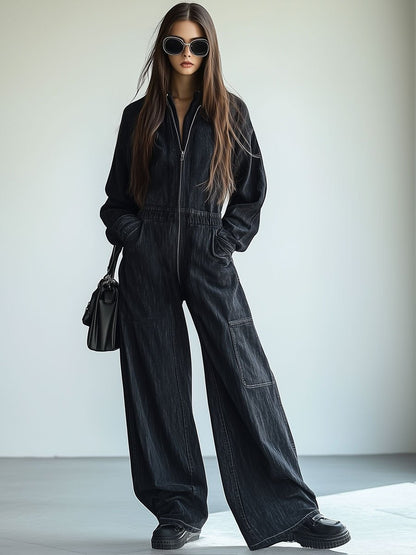 Expédition Rapide en 24h : Combinaison Denim Rétro avec Zip, Taille Élastique, Col Revers et Manches Longues