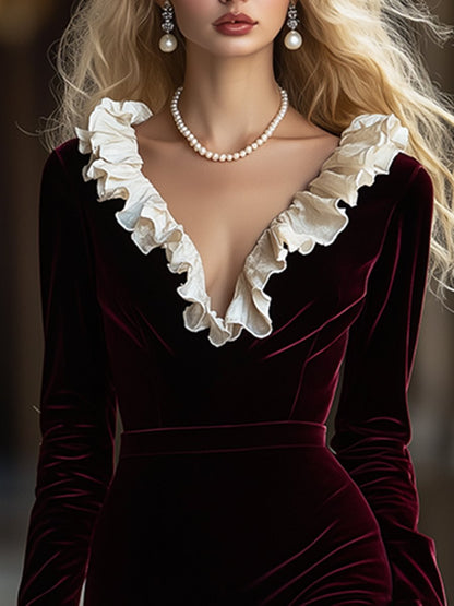 Robe Midi en Velours à Volants avec Décolleté en V - Expédition Rapide sous 24 Heures