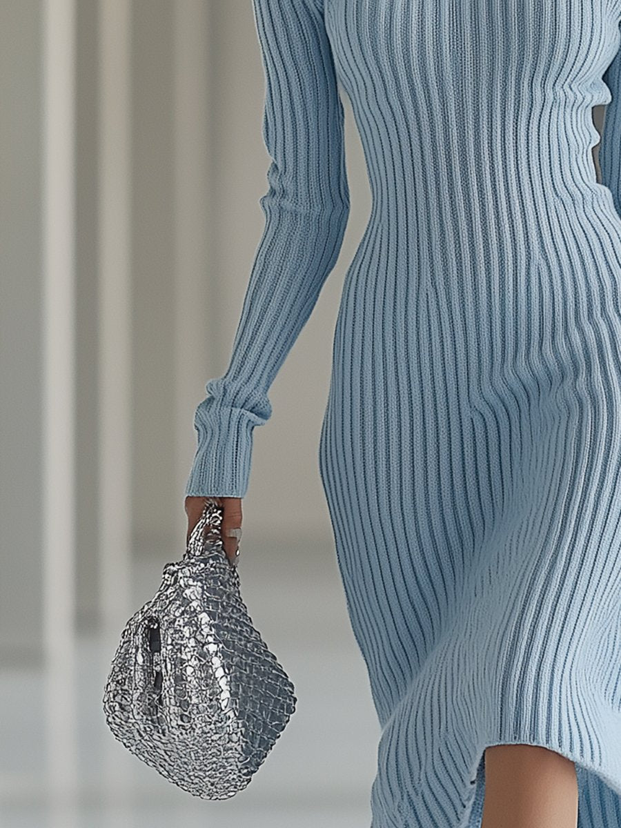 Robe Midi Tricotée à Manches Longues Off-Épaule en Bleu Brume - Expédition Rapide sous 24 Heures !