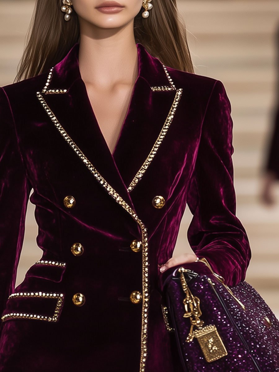 Robe Mini Vintage en Velours Bourgogne avec Détails Dorés - Expédition Rapide sous 24 Heures