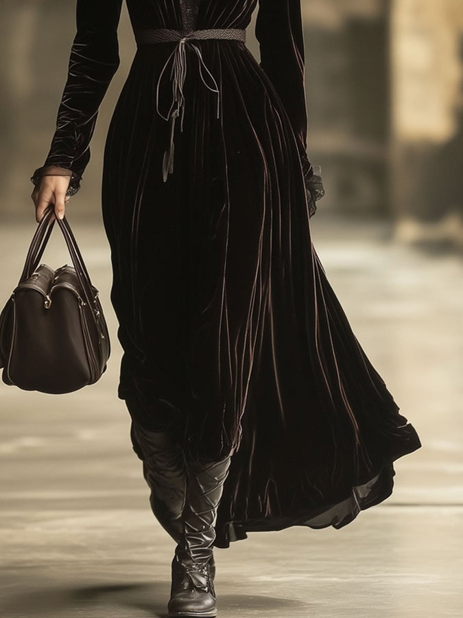 Robe Maxi Longue en Velours Uni avec Détails en Dentelle et Col V - Expédition Rapide sous 24 Heures