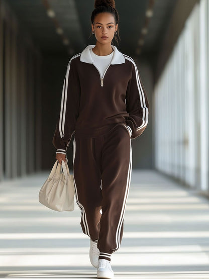 【Expédition en 24 heures】Ensemble de sweat-shirt rétro à rayures avec col polo zippé - Style décontracté idéal pour le sport