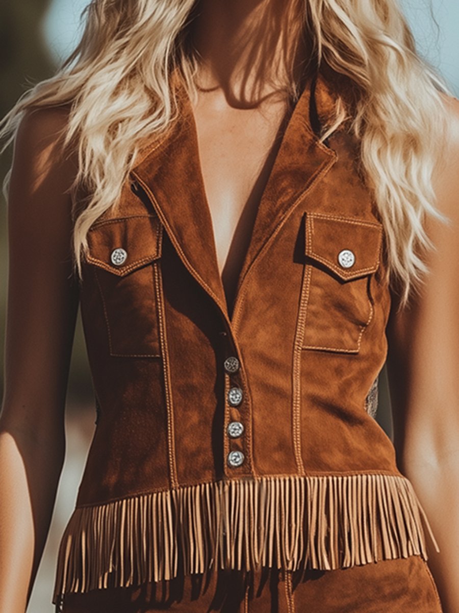 【Livraison Rapide en 24h】Ensemble Vintage Western : Shorts et Gilet en Suède Brun à Franges