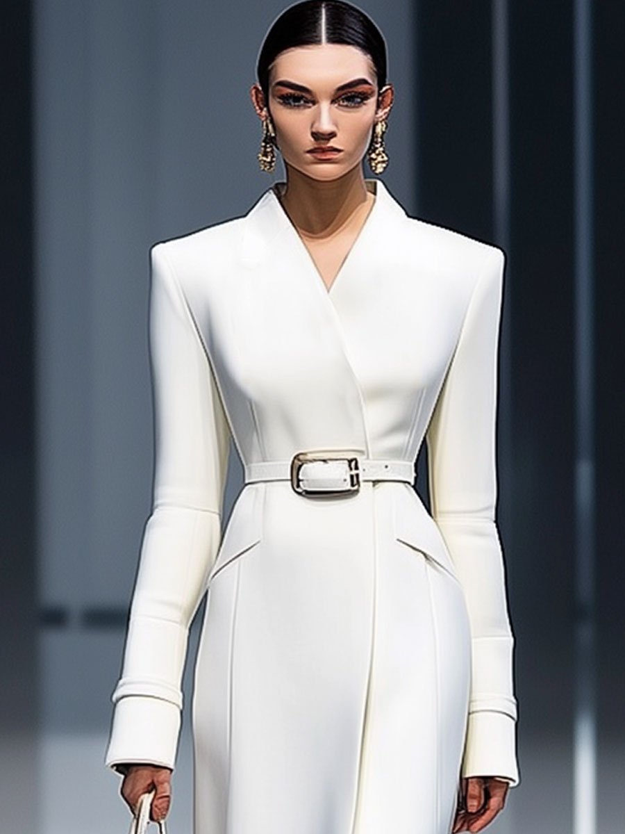 Robe Midi Décontractée Rétro Blanche à Manches Longues avec Détails en Lacets - Expédition en 24 Heures