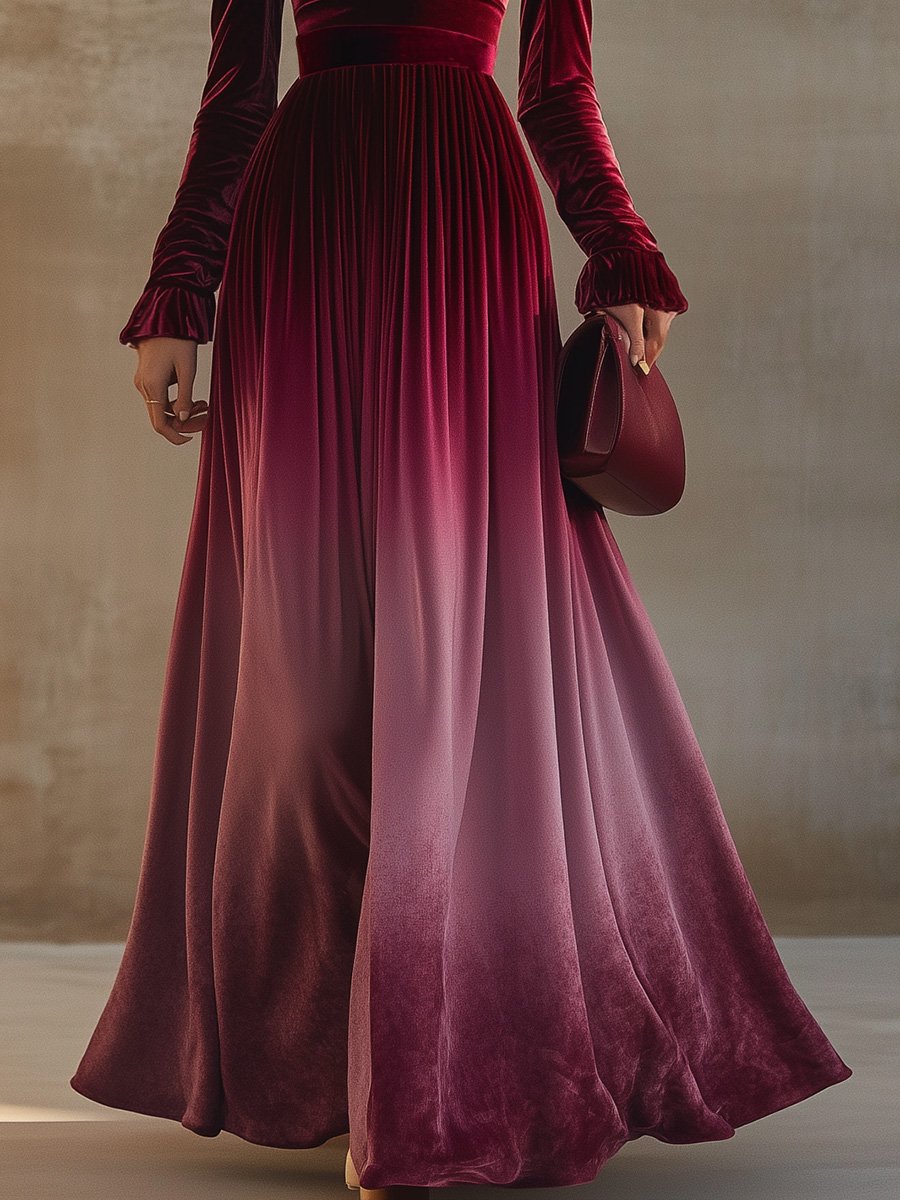 Robe Maxi Velours Dégradé Bordeaux : Élégance Instantanée avec Manches Trompette et Col Droit – Expédition en 24h !