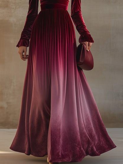 Robe Maxi Velours Dégradé Bordeaux : Élégance Instantanée avec Manches Trompette et Col Droit – Expédition en 24h !