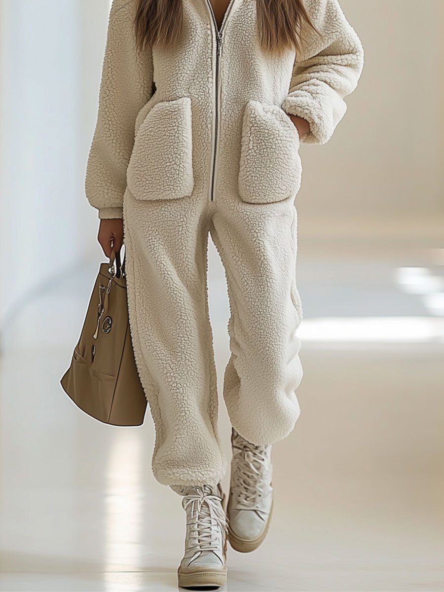 Livraison en 24h : Salopette Vintage à Capuche Zippée en Polaire, Style Décontracté et Ample