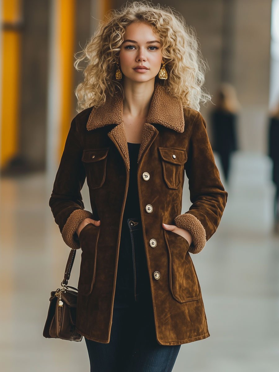 Veste Décontractée en Daim Rétro avec Patchwork en Laine et Multiples Poches - Expédition en 24 Heures