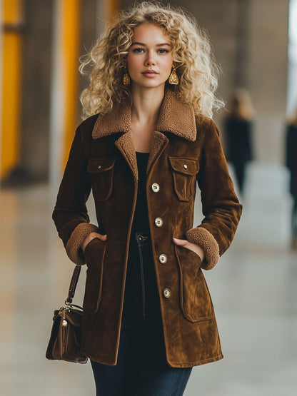 Veste Décontractée en Daim Rétro avec Patchwork en Laine et Multiples Poches - Expédition en 24 Heures