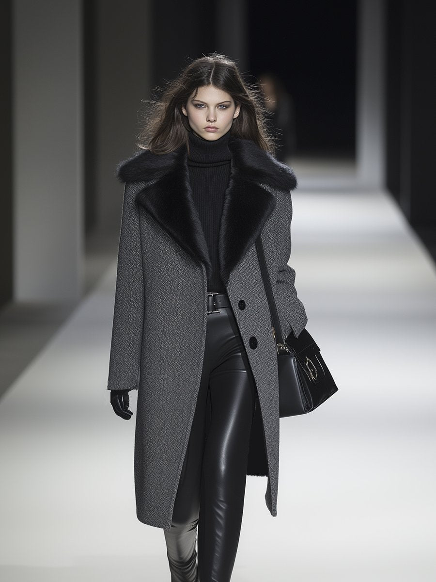 Expédition rapide en 24 heures : Manteau long en laine à chevrons avec col en vison imperméable de luxe