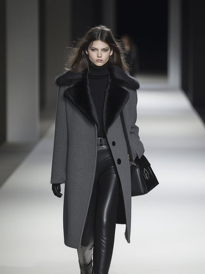 Expédition rapide en 24 heures : Manteau long en laine à chevrons avec col en vison imperméable de luxe