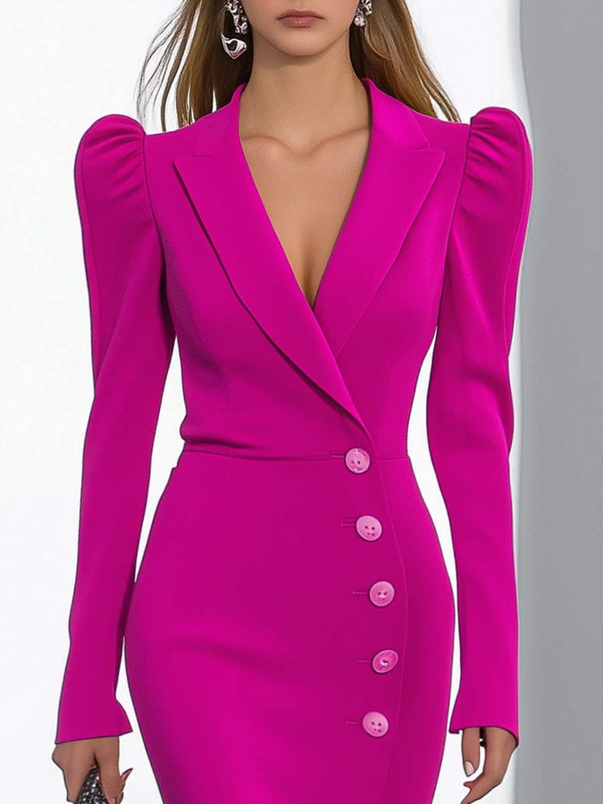 Robe Midi Élegante à Manches Bouffantes et Décolleté en V - Rose Vif, Expédition Rapide sous 24 Heures !