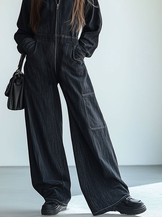 Expédition Rapide en 24h : Combinaison Denim Rétro avec Zip, Taille Élastique, Col Revers et Manches Longues