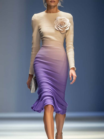 Robe Midi Élégante Beige et Violet Dégradé avec Fleurs 3D – Expédition en 24 Heures