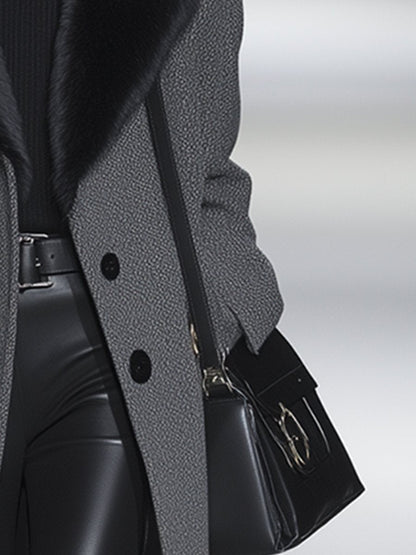 Expédition rapide en 24 heures : Manteau long en laine à chevrons avec col en vison imperméable de luxe