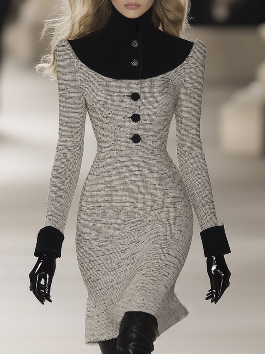 Robe Midi Élégante en Tweed Velours : Style Rétro avec Col Montant - Expédition en 24 Heures !