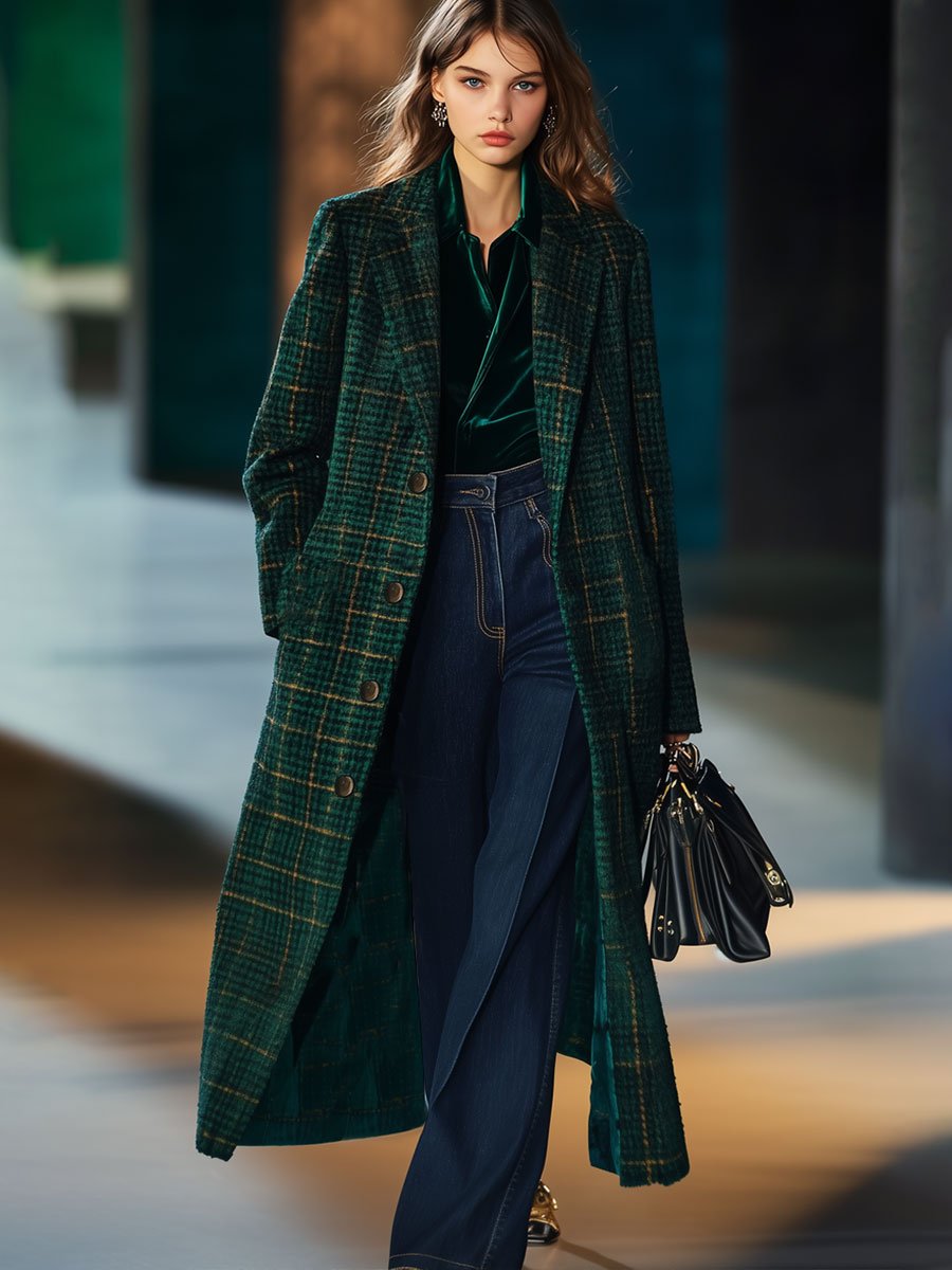 【Expédition en 24h】Manteau mi-long en laine à carreaux vintage avec poches pratiques