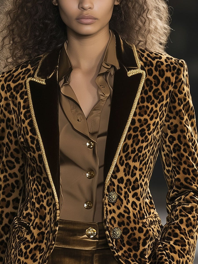 Blazer en Velours Léopard Décontracté avec Col Contrasté et Détails Dorés - Expédition Rapide sous 24 Heures