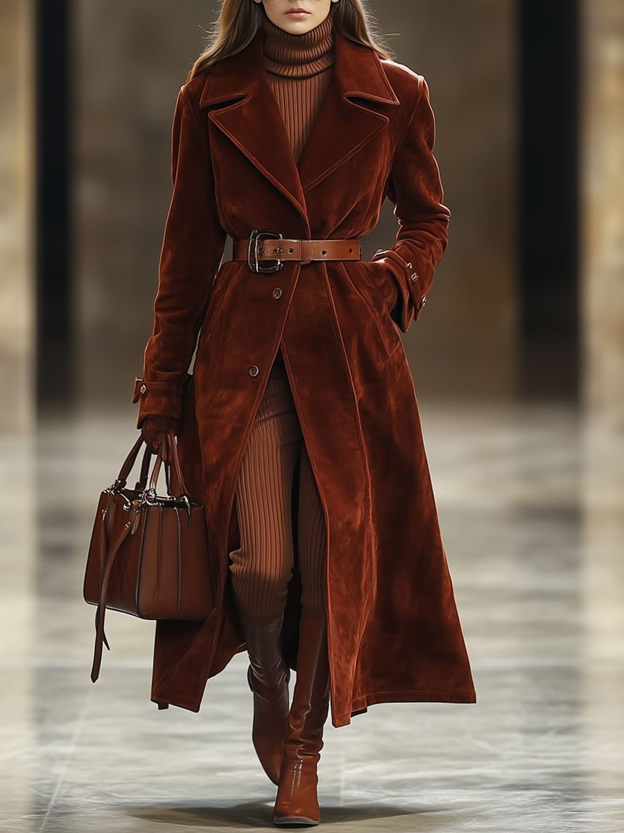 Maxi Manteau Vintage en Suède Rouge Angora : Casual, Loose, avec Poches et Revers Extra Long - Expédition en 24 Heures !