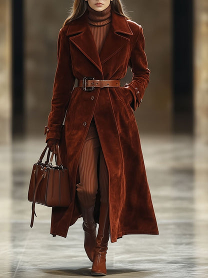 Maxi Manteau Vintage en Suède Rouge Angora : Casual, Loose, avec Poches et Revers Extra Long - Expédition en 24 Heures !