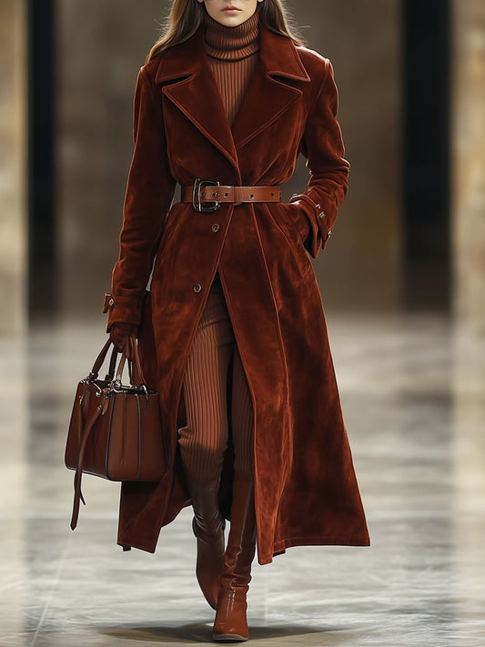 Maxi Manteau Vintage en Suède Rouge Angora : Casual, Loose, avec Poches et Revers Extra Long - Expédition en 24 Heures !