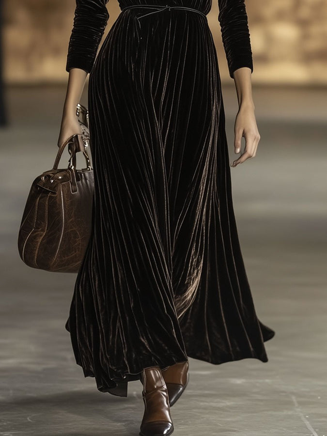 Robe Maxi en Velours Uni à Col V - Élégance et Confort avec Ceinture et Manches Longues, Expédition Rapide sous 24 Heures