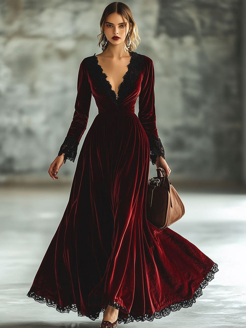 Robe Maxi Longue en Dentelle avec Manches Longues et Décolleté en V - Expédition Rapide en 24 Heures