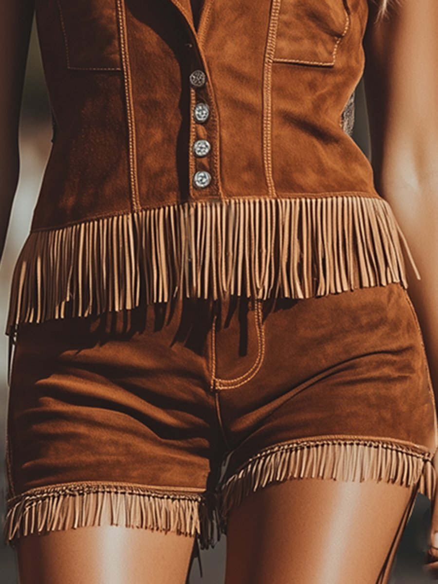 【Livraison Rapide en 24h】Ensemble Vintage Western : Shorts et Gilet en Suède Brun à Franges