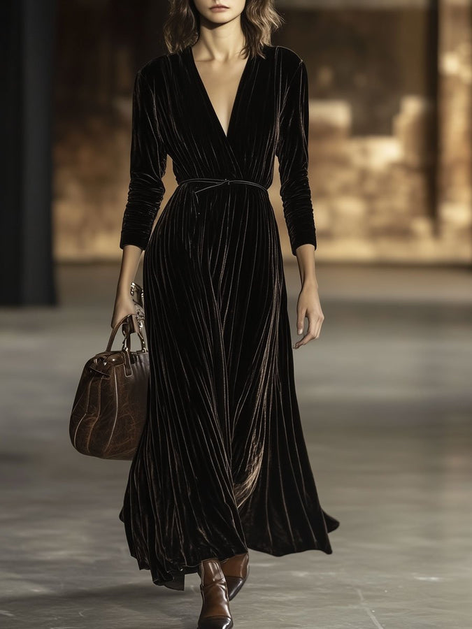 Robe Maxi Velours Unie à Col en V avec Ceinture - Expédition Rapide en 24 Heures