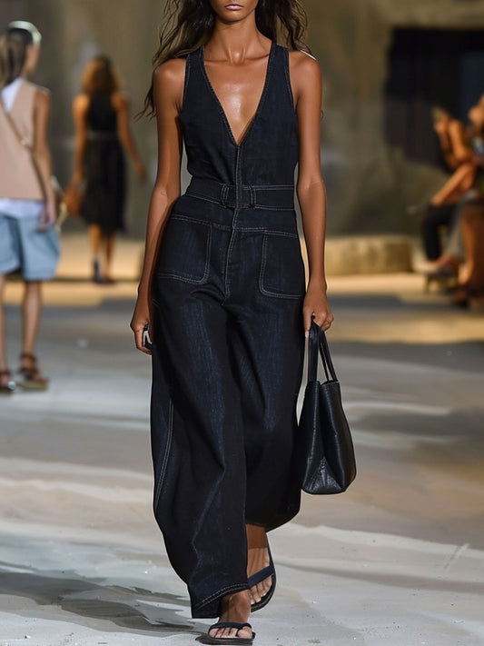 Salopette en Jean Détendue Sans Manches à Col V Rétro - Expédition Rapide en 24 Heures!