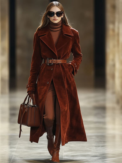 Maxi Manteau Vintage en Suède Rouge Angora : Casual, Loose, avec Poches et Revers Extra Long - Expédition en 24 Heures !